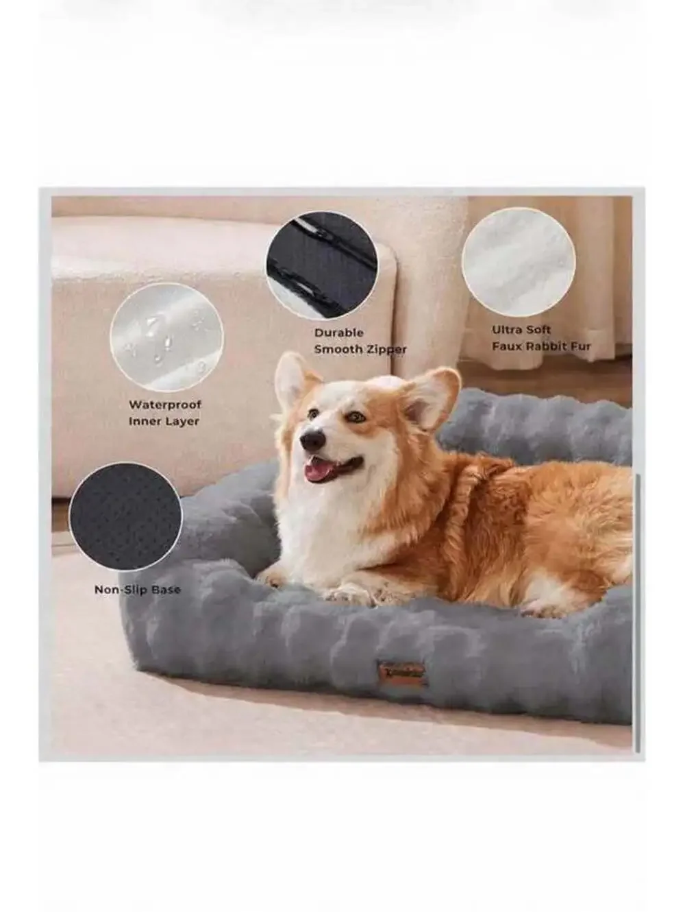 Large Orthopedic Dog Sofa Bed - Grey Fluffy Faux Fur, Washable - New in Box
